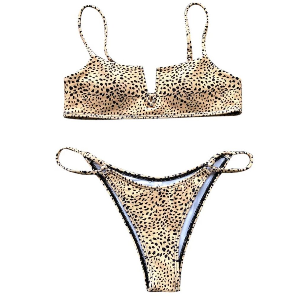 Beige & Black patterned bikini with v neck and cheeky bottoms size S